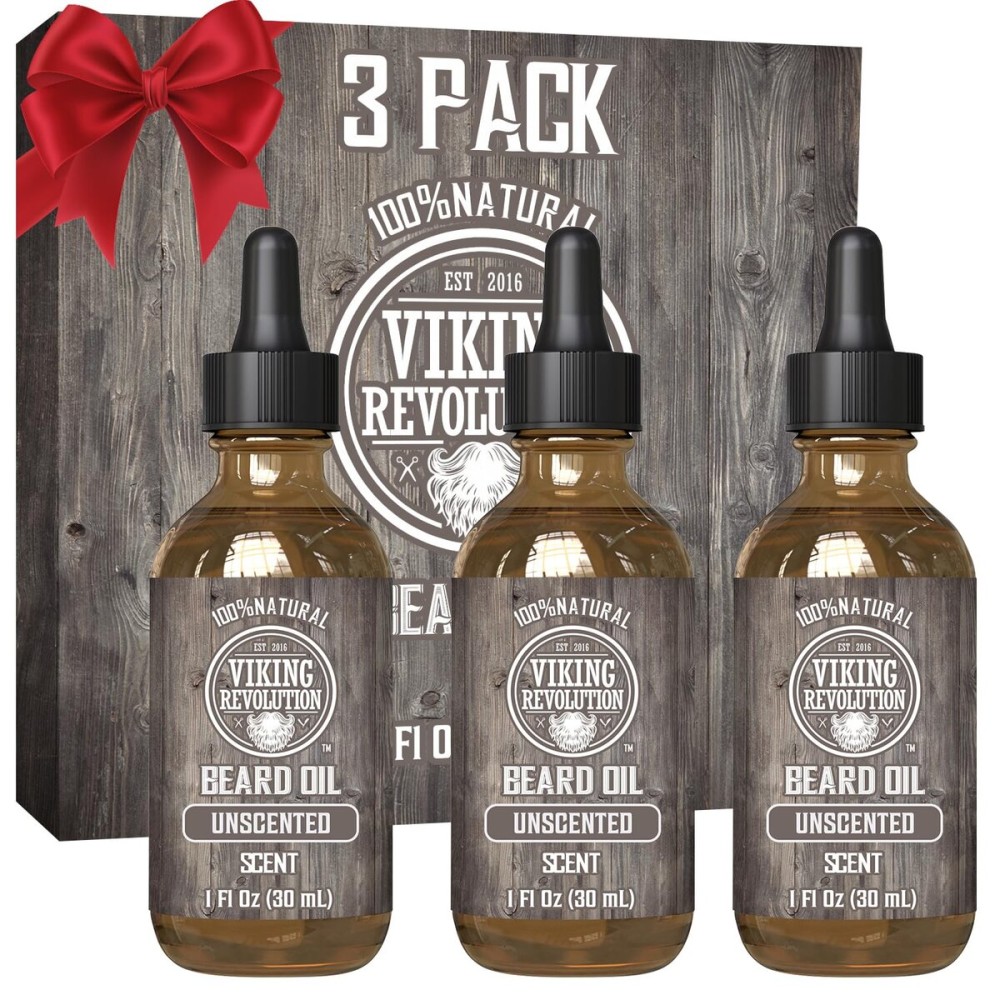 Viking Revolution Beard Oil for Men - Unscented - Natural Mens Beard Oil with Argan Oil and Jojoba Oil - Beard Softener, Strengthens and Moisturizes - Beard Conditioner for Men (3 Pack, 3 Fl Oz)
