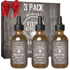 Viking Revolution Beard Oil for Men - Unscented - Natural Mens Beard Oil with Argan Oil and Jojoba Oil - Beard Softener, Strengthens and Moisturizes - Beard Conditioner for Men (3 Pack, 3 Fl Oz)