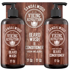Viking Revolution Beard Wash & Beard Conditioner Set with Argan & Jojoba Oils - Softens and Strengthens - Natural Sandalwood Scent - Beard Shampoo with Beard Oil (17 oz)