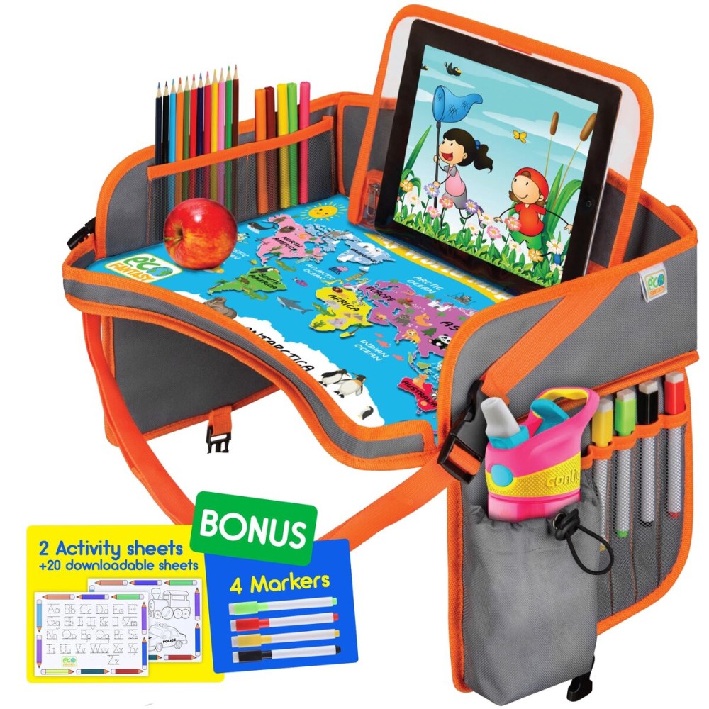 ECOFANTASY Kids Travel Tray - Waterproof Car Table with No-Drop Large Tablet Holder - Car Seat Tray - Road Trip Must Haves - Kids Lap Desk Organizer for Airplane - Toddler Travel Essentials (Orange)