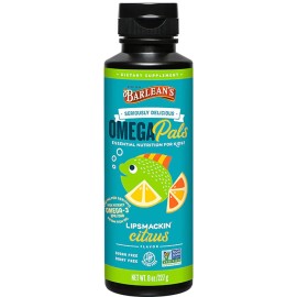 Barlean\'s Omega Pals Lipsmackin\' Citrus Flavored Omega-3 for Kids, Yummy Children\'s Liquid Fish Oil Supplement with 750 mg of EPA & DHA for Brain & Eye Health, 8 oz