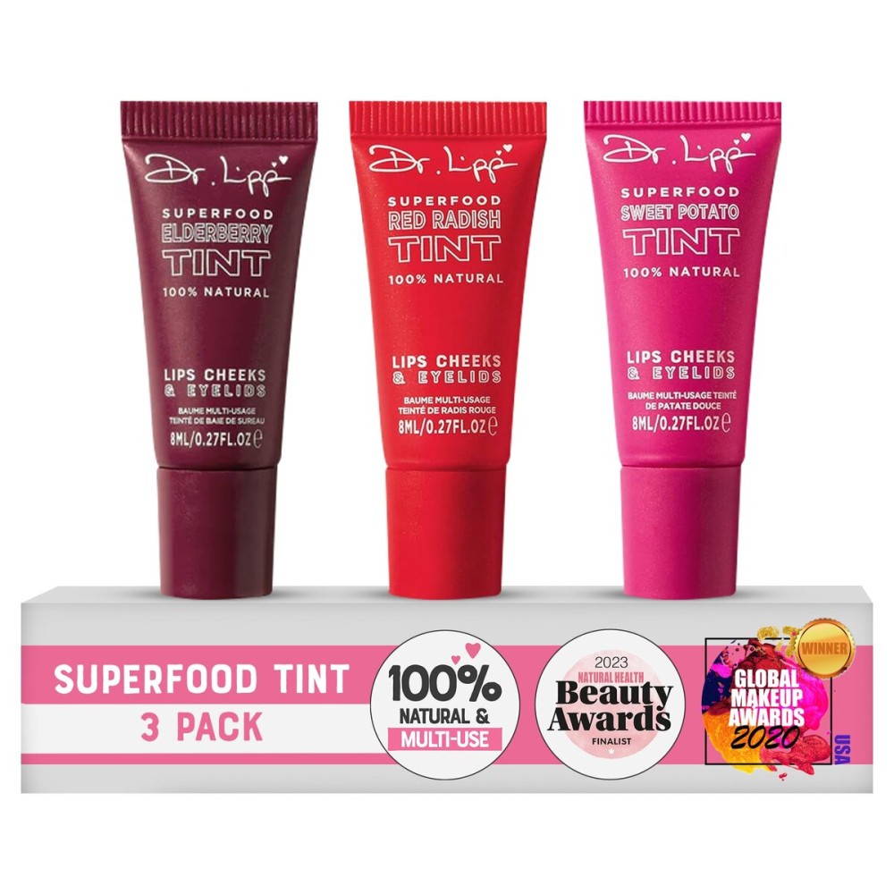 Dr. Lipp Superfood Lip Tint 3 PACK [3 x 8ml] - 4-in-1 Tinted Balm for Lips, Cheeks & Eyes - Ultra Moisturizing, 100% Natural, Fragrance-Free & Cruelty-Free