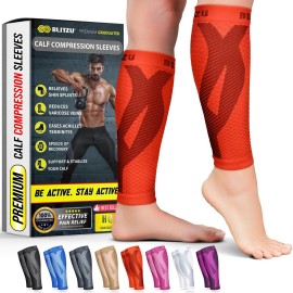 BLITZU Calf Compression Sleeve for Women and Men, Shin Splint Sleeves for Varicose Veins, Nursing, Pregnancy, Running, Footless Compression Socks Support for Calf Muscle Pain Relief Orange S-M