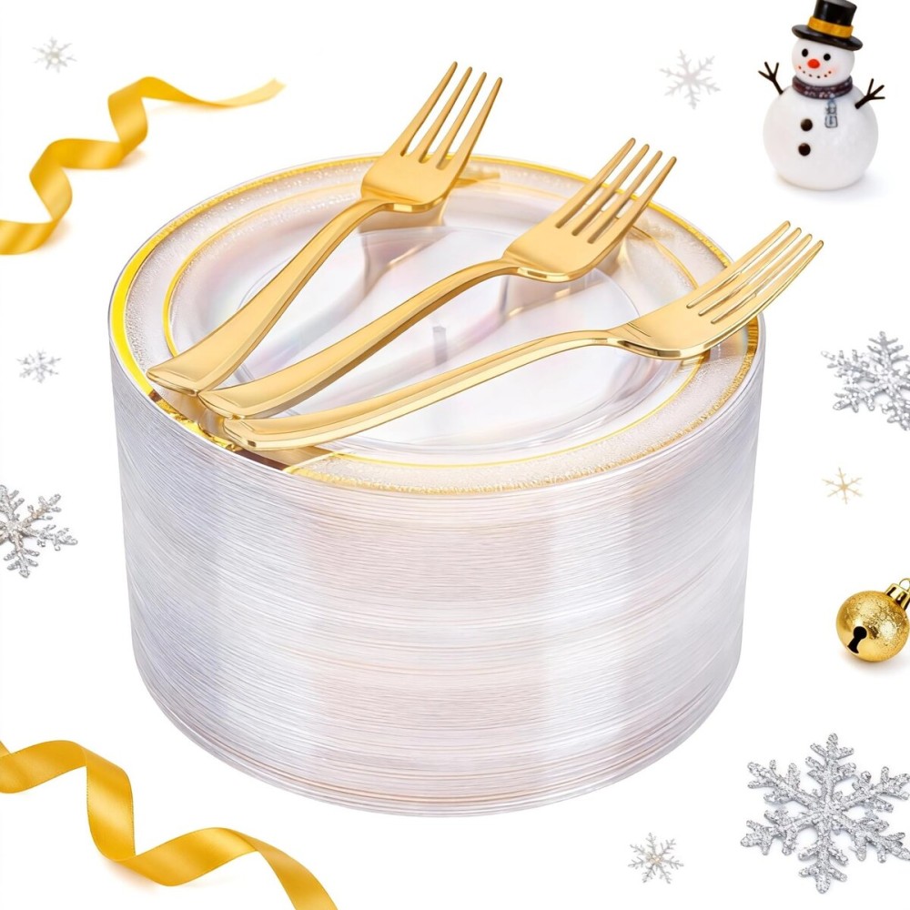 I00000 72 Pcs Clear Plastic Dessert Plates 7.5 & 72 Pcs Gold Disposable Forks 7.4, Clear Small Plates, Fancy Salad Plate,Gold Cake Plate for Thanksgiving,ChristmasParty, Occasions, Wedding