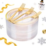 I00000 72 Pcs Clear Plastic Dessert Plates 7.5 & 72 Pcs Gold Disposable Forks 7.4, Clear Small Plates, Fancy Salad Plate,Gold Cake Plate for Thanksgiving,ChristmasParty, Occasions, Wedding
