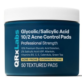QRxLabs Salicylic & Glycolic Acid Pads (2% Salicylic & 10% Glycolic) - Acne Pads for Face & Bacne with Vitamins B5, C & E, Calendula & Green Tea - Face Exfoliator - 50 Count Jar