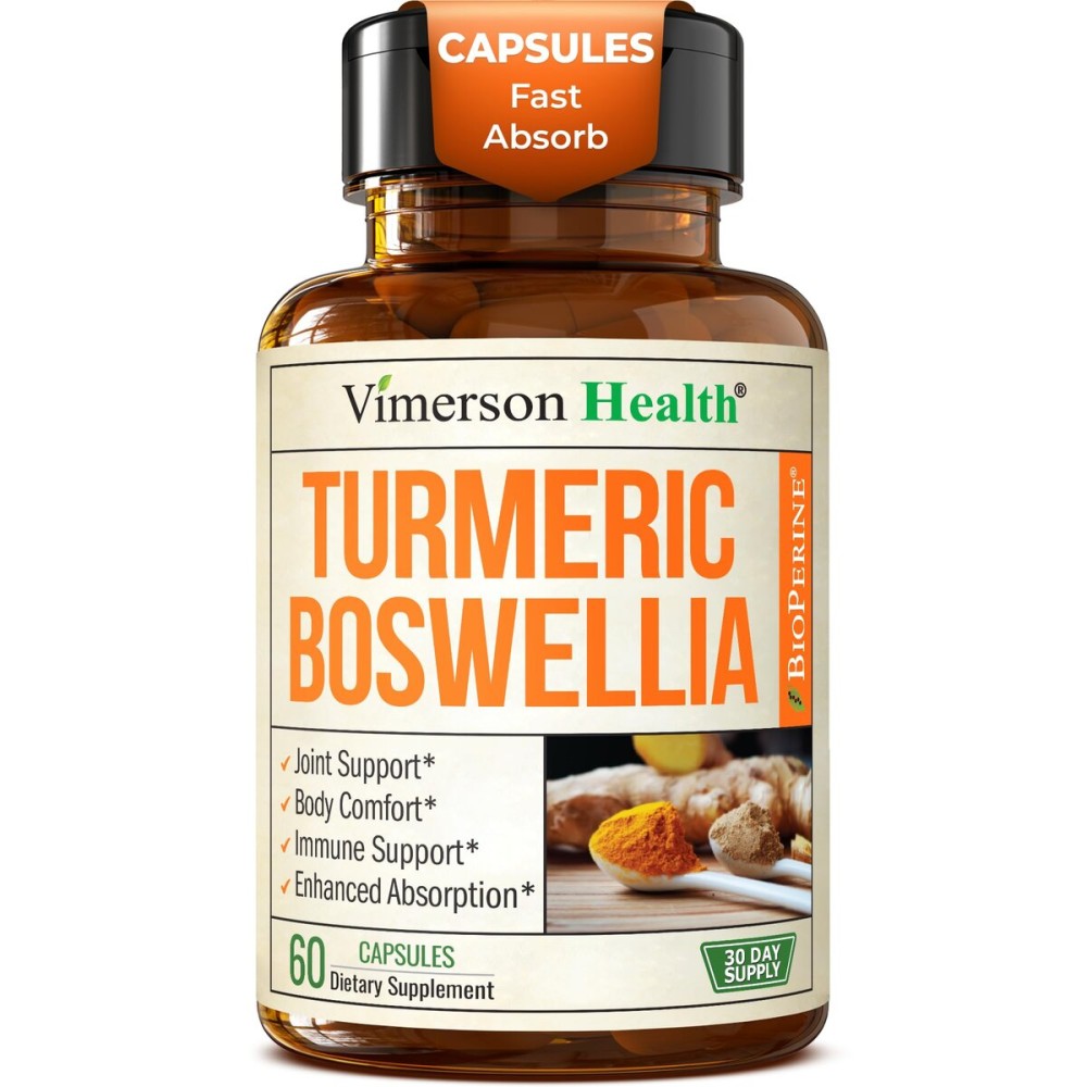 Turmeric Curcumin Supplement with Boswellia Serrata, Ginger Root, Organic Turmeric Powder & Black Pepper - 95% Curcuminoids Turmeric Supplement - 60 Gluten Free Tumeric Boswellia Extract Capsules