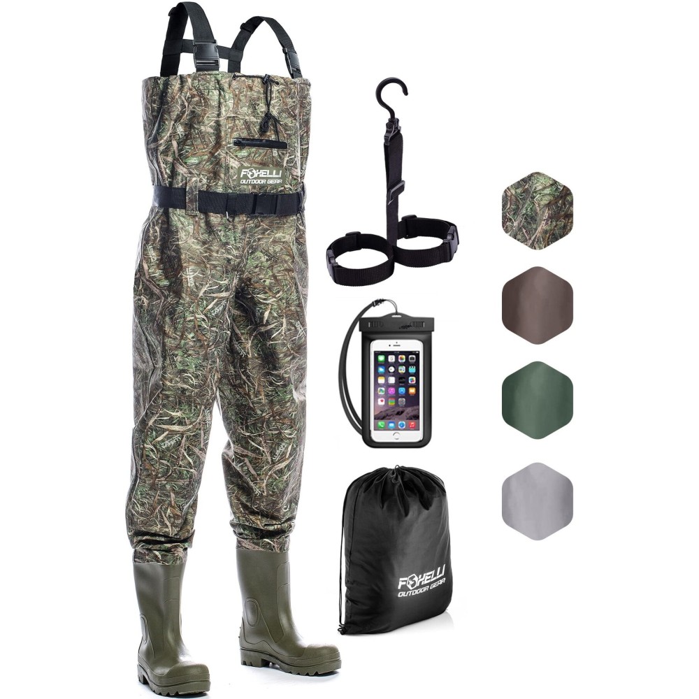 Foxelli Chest Waders - Waterproof 2-ply Nylon/PVC Camo Hunting Fishing Waders for Men and Women with Boots