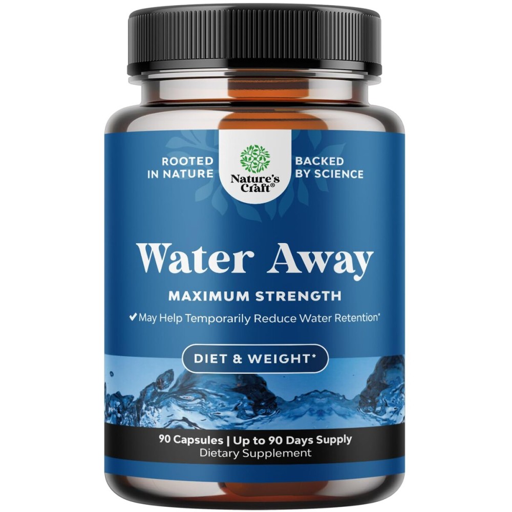 Water Away Herbal Diuretic Pills High Strength - Fluid Retention Supplement with Dandelion Leaf Extract & Green Tea for Bloating Relief for Women & Men - Capsules for Leg & Feet Swelling - 90 Count