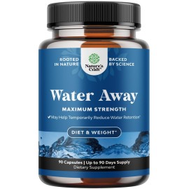 Water Away Herbal Diuretic Pills High Strength - Fluid Retention Supplement with Dandelion Leaf Extract & Green Tea for Bloating Relief for Women & Men - Capsules for Leg & Feet Swelling - 90 Count