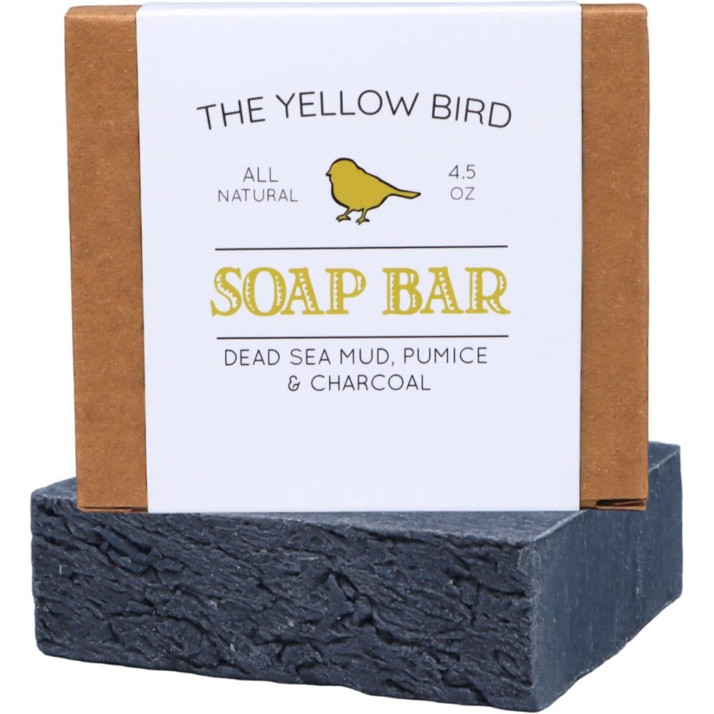 The Yellow Bird Dead Sea Mud Soap Bar - With Exfoliating Pumice Scrub & Detoxifying Charcoal. Organic & Natural Essential Oils. Made in USA for Men and Women. Face, Hand, Body Soap