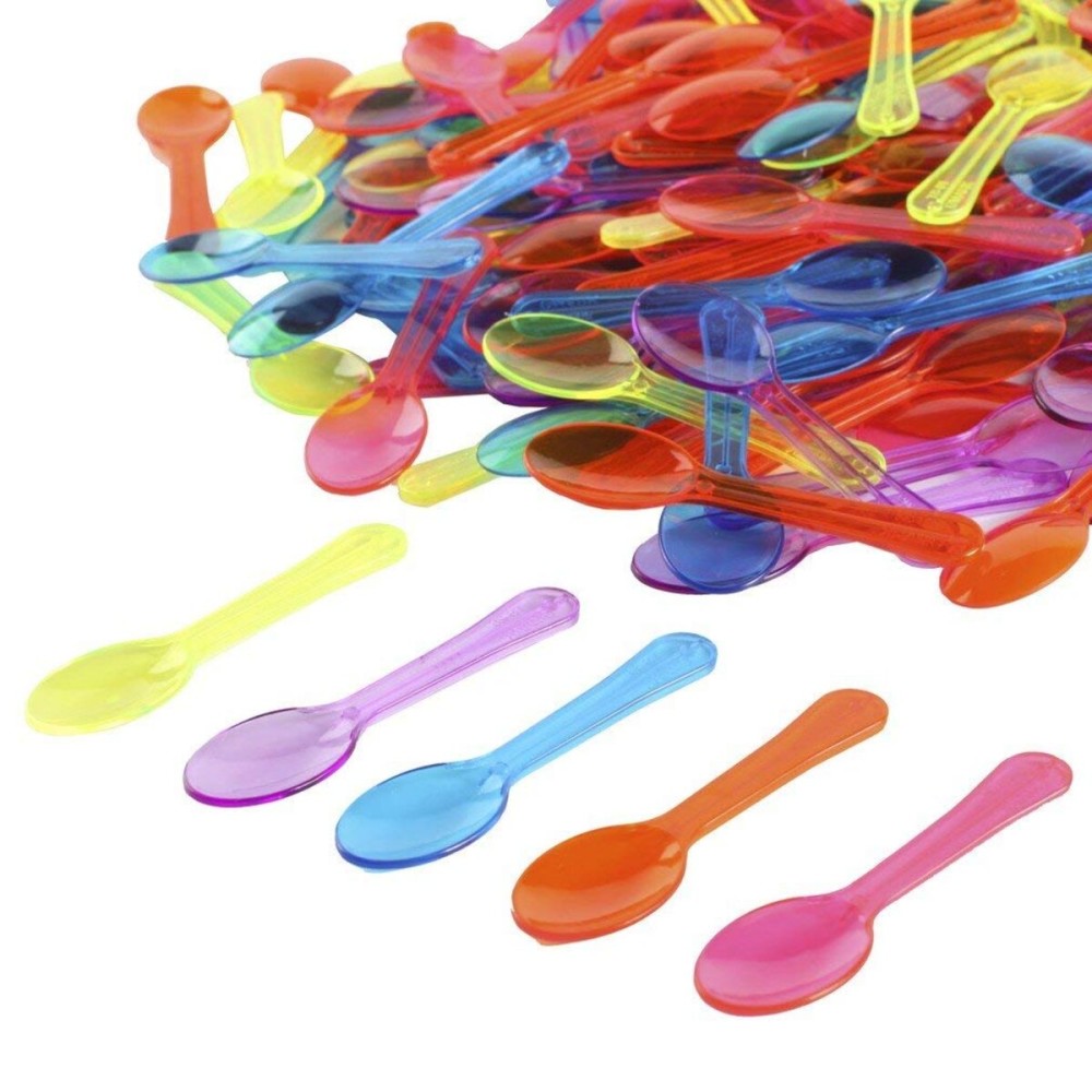 Extra Sturdy, Gmark 100pc 3 Assorted Multi-Color Taster Plastic Mini Spoons for frozen food, Ice Cream Dessert White 1 Box Set GM1002G