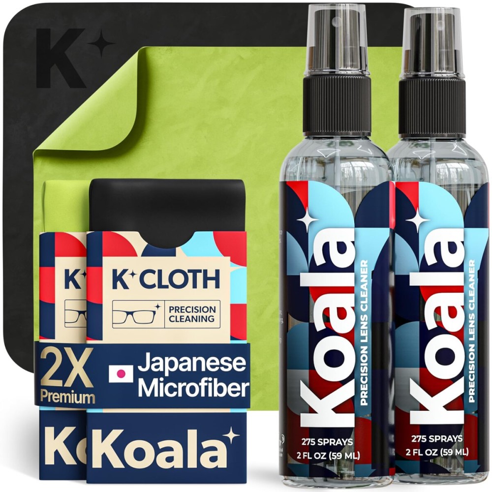Koala Eyeglass Lens Cleaner Spray Kit | (2x) Glasses Cleaner Bottle + (2x) Microfiber Cloth | Alcohol Free Eyeglasses, Screen, and Camera Cleaning Kit | Made in USA (4 Piece Set)