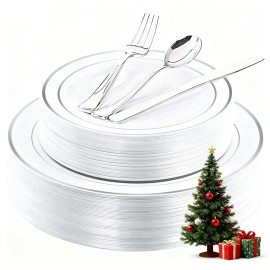 WDF 40Guest Silver Plastic Plates with Silverware - White Plastic Plates with Silver Rim, Dinnerware Sets Include 40 Dinner Plate, 40 Salad Plate,40 Forks, 40 Knives, 40 Spoons for Christmas