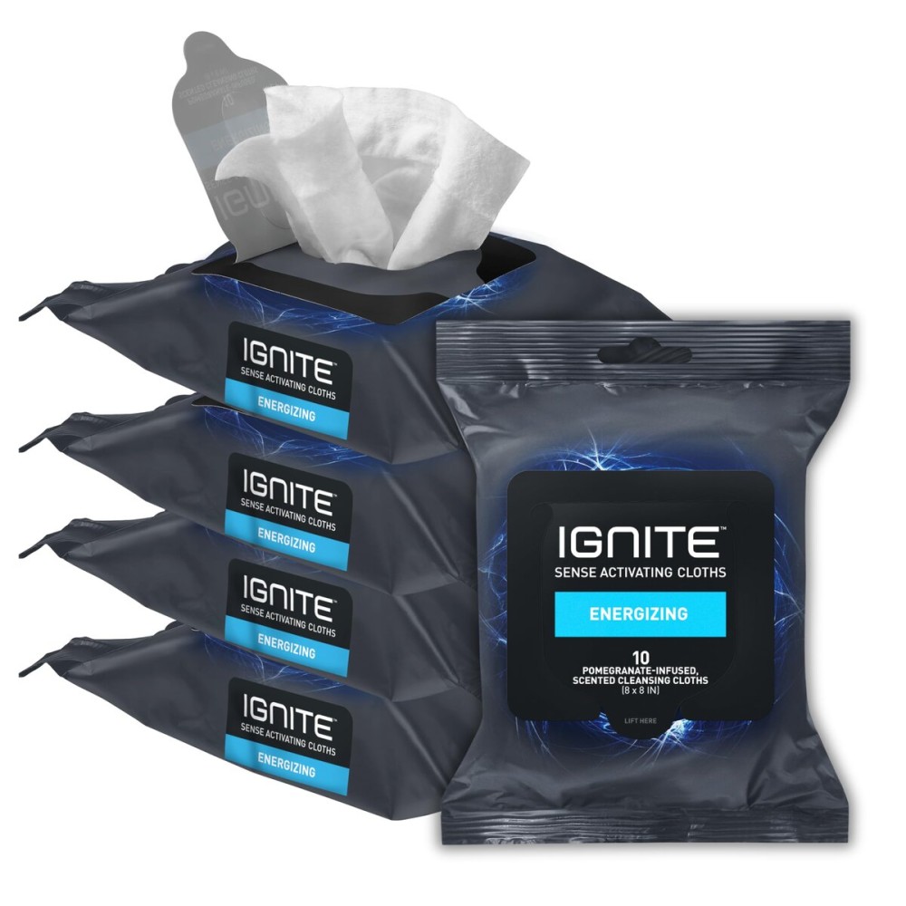 Ignite Mens Body Wet Wipes, Extra Thick 8 x 8 Shower Wipes, Energizing Scent, 10 Count (Pack of 5)