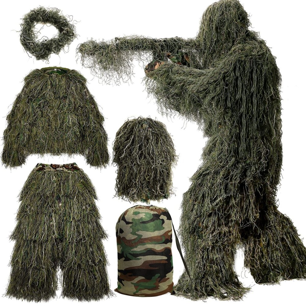 MOPHOTO 5 in 1 Ghillie Suit 3D Camouflage Hunting Suits - Jacket, Pants, Hood, Carry Bag for Adults & Youth, M/L/XL/XXL