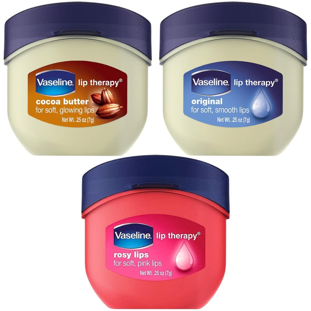 Vaseline Lip Therapy Variety 3-Pack - Original, Rosy Lips, Cocoa Butter Lip Balm Moisturizers in Mini Jars, 0.25 Oz Ea