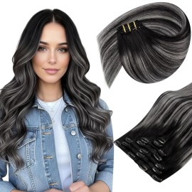 Sunny Hair Clip in Hair Extensions Straight Human Hair Clip in Extensions Remy Clip in Hair Extensions Real Human Hair Extensions Clip ins Balayage Black Ombre Silver Grey 16inch