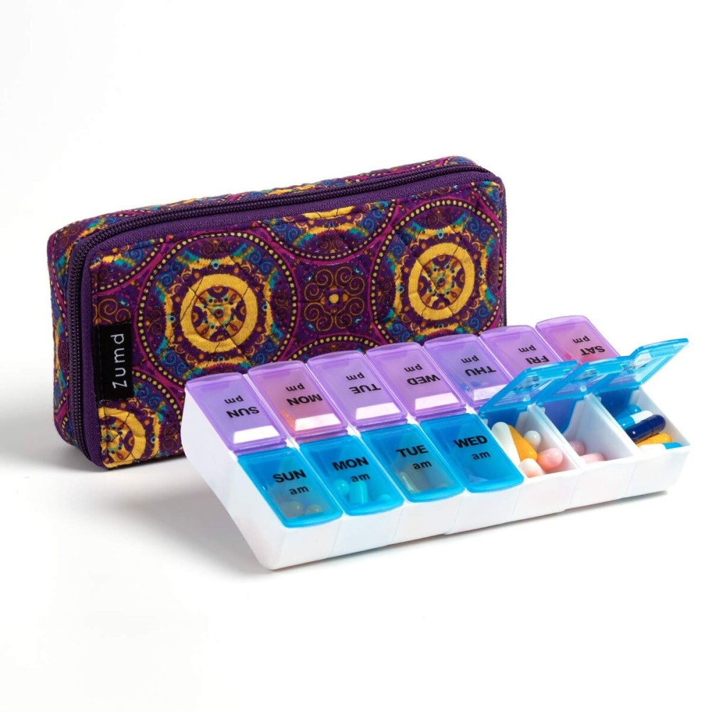 Weekly Pill Organizer 2 Times a Day, Zumd Pill Box 7 Day with Cute Quilted Fabric Zipper Case, Travel Pill Case Am Pm for Vitamin Medicine Organizer