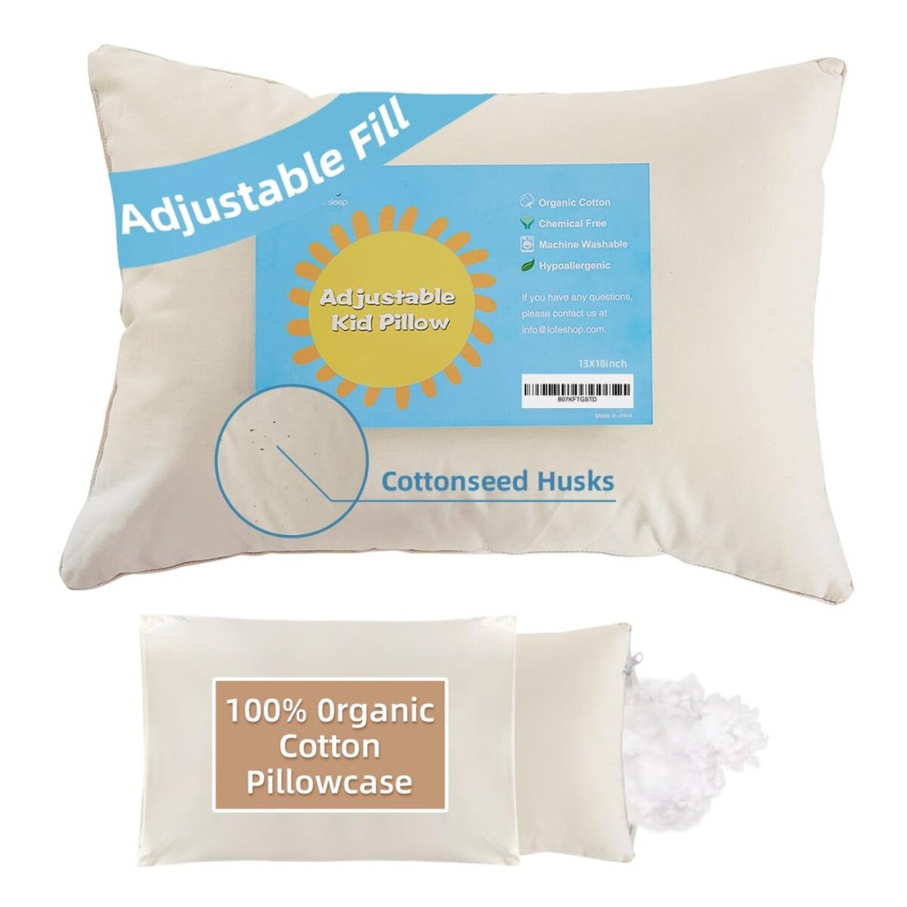 LOFE Organic Toddler Pillow with Pillowcase - 13x18 Toddler Pillow with 100% Organic Cotton Shell, Adjustable Loft Organic Kid Plilow, Machine Washable, Soft, Perfect for Kids&Toddler&Children