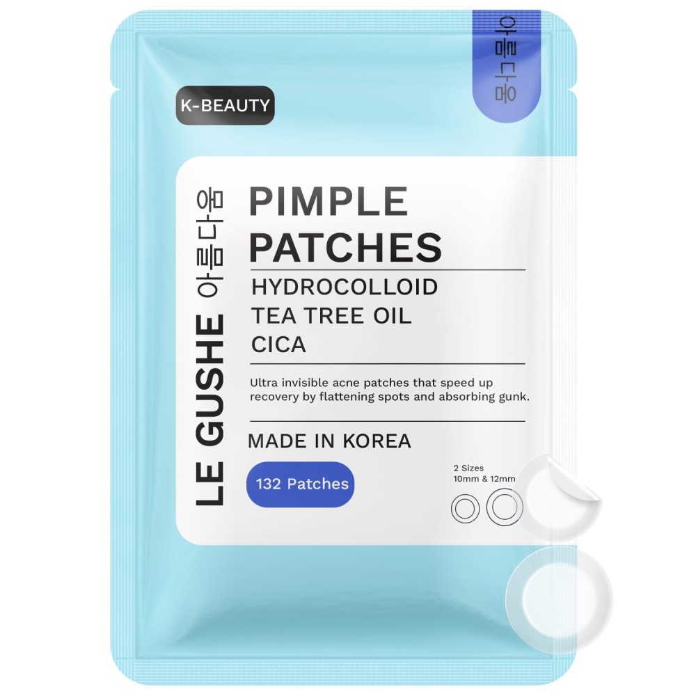LE GUSHE Korean Pimple Patches for Face (132 Dots) - Hydrocolloid Acne Patches with Tea Tree Oil - Invisible Zit Stickers - Dermatologist Tested - Korean Skin Care
