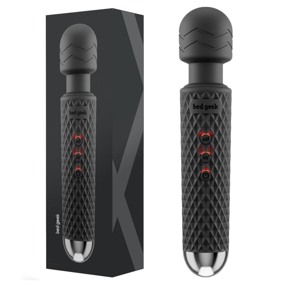 bed geek Handheld Cordless Personal Wand Massager - Waterproof, USB Rechargeable, 20 Vibration Patterns, 8 Speeds, Memory Feature, Skin-Soft Silicone for Ultimate Relaxation Tool (Black)