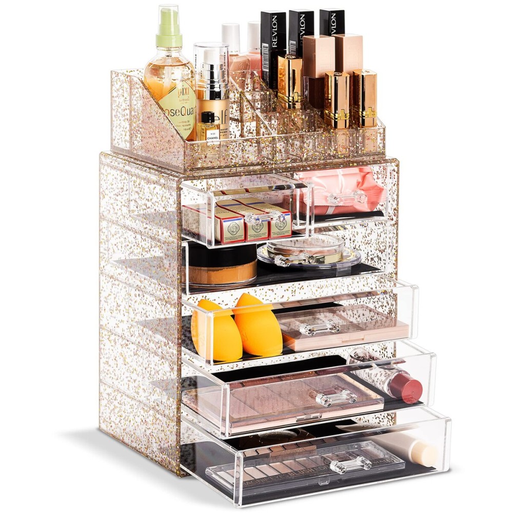 Sorbus Acrylic Makeup Organizer Set, 6-Drawer Vanity & Countertop Cosmetic Storage with Small & Wide Compartments, Glitter Makeup Storage for Brushes, Jewelry - Holiday Gift for Women & Teens