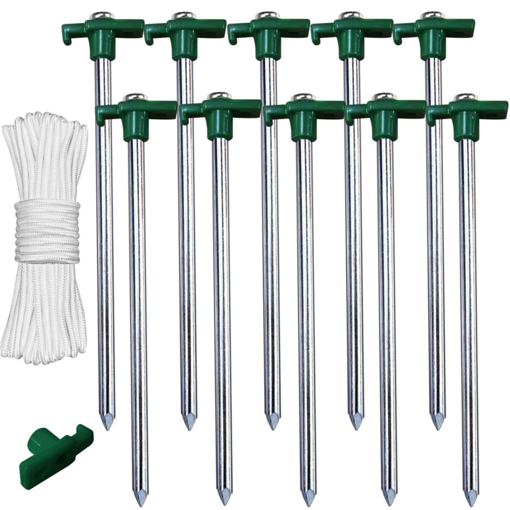 ABCCANOPY 11 Inch Tent Stakes 10 Pcs Non-Rust Metal Ground Anchors, Heavy Duty Spikes with 4 Ropes for Outdoor Camping, Green