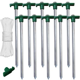 ABCCANOPY 11 Inch Tent Stakes 10 Pcs Non-Rust Metal Ground Anchors, Heavy Duty Spikes with 4 Ropes for Outdoor Camping, Green