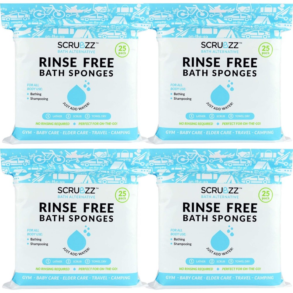 Scrubzz Disposable No Rinse Bathing Wipes - All-in-1 Single Use Shower Wipes, Simply Dampen, Lather, and Dry Without Shampoo or Rinsing (Unscented, 4-Pack)