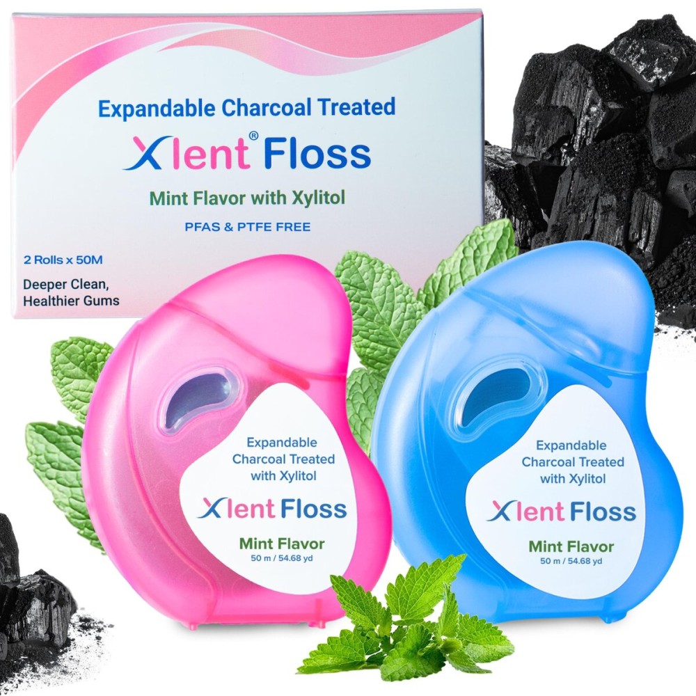Expandable Dental Floss Treated with Activated Charcoal with Xylitol and Natural Plant Based Wax | Mint Flavor | PFAS & PTFE Free | Pack of 2 (50 m Floss Containers)