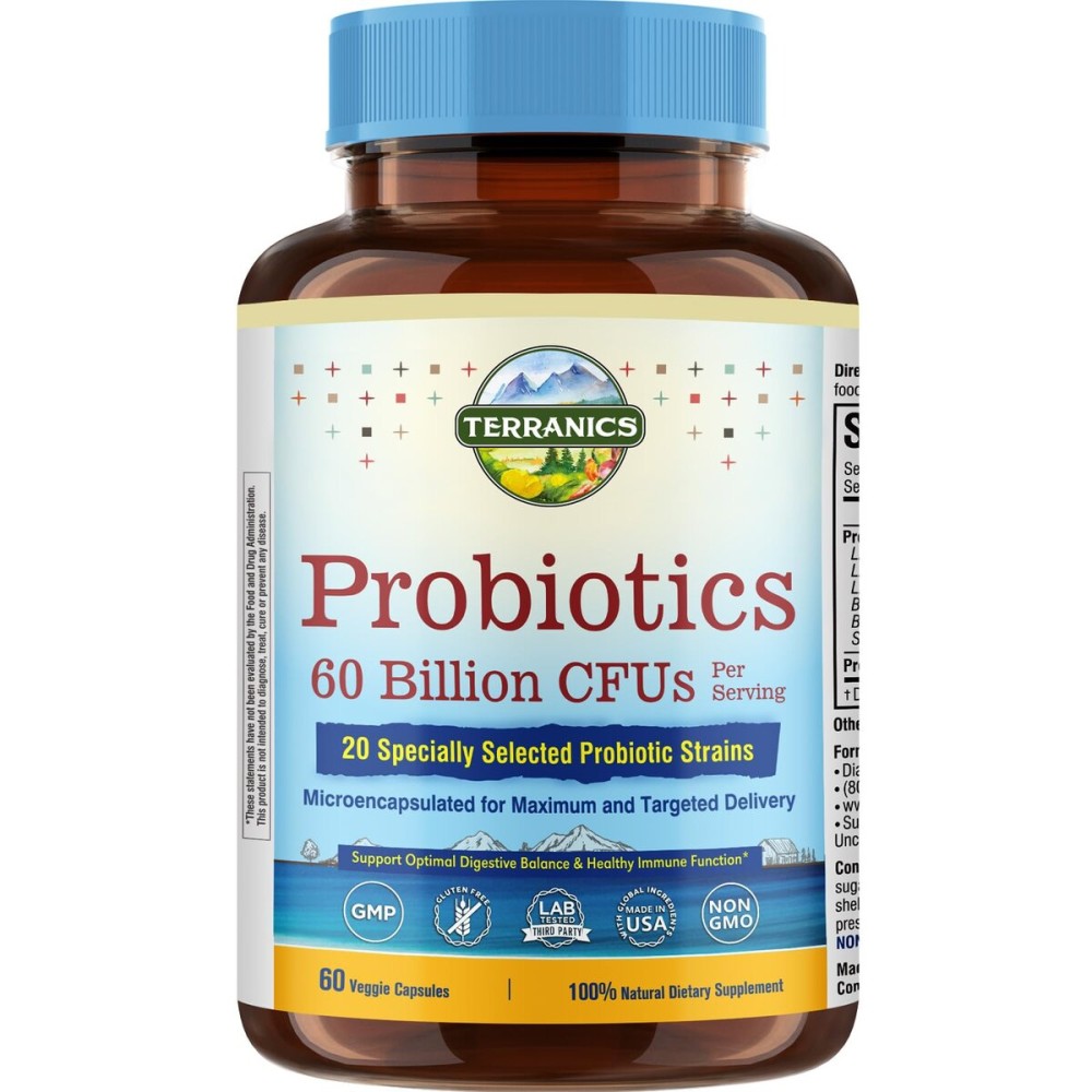 Terranics Probiotics 60 Billion CFU, 20 Strains, 60 Veg Capsules, Prebiotics & Probiotics, Shelf Stable Probiotic Supplement for Men & Women, Digestive & Immune Health, Non-GMO, NO Soy, Dairy & Gluten