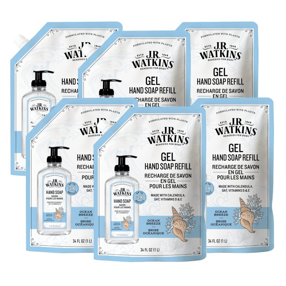 J.R. Watkins Gel Hand Soap Refill Pouch, Scented Liquid Hand Wash for Bathroom or Kitchen, USA Made and Cruelty Free, 34 fl oz, Ocean Breeze, 6 Pack