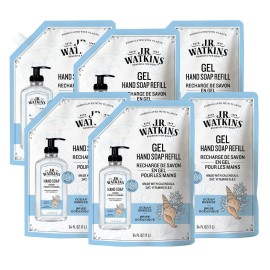 J.R. Watkins Gel Hand Soap Refill Pouch, Scented Liquid Hand Wash for Bathroom or Kitchen, USA Made and Cruelty Free, 34 fl oz, Ocean Breeze, 6 Pack