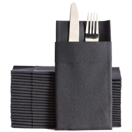 Black Dinner Napkins Cloth Like with Built-in Flatware Pocket, Linen-Feel Absorbent Disposable Paper Hand Napkins for Kitchen, Bathroom, Parties, Weddings, Dinners or Events, 16x16 inches, Pack of 50