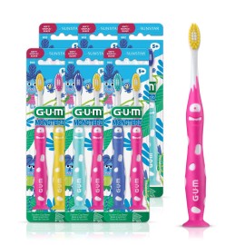 GUM Monsterz Jr Kids Toothbrush, Soft Bristled Childrens Toothbrush with Suction Cup, for Ages 5+, 2 Count(Pack of 6)