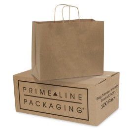 Prime Line Packaging Brown Paper Bags, Kraft Shopping Gift Bags with Handles for Small Business, Retail, Boutique & Grocery Use, To Go, Events, Bulk, 16x6x12, 100 Pack