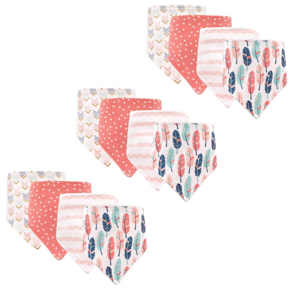 Hudson Baby Unisex Baby Cotton Bandana Bibs, Girl Feathers 12-Pack, One Size