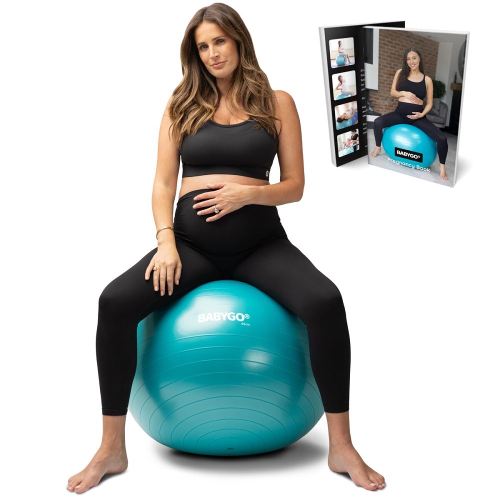 BABYGO Birthing Ball - Pregnancy Yoga Labor & Exercise Ball & Book Set Trimester Targeting, Maternity Physio, Birth & Recovery Plan Included Anti Burst Eco Friendly (Turquoise, 65cm)