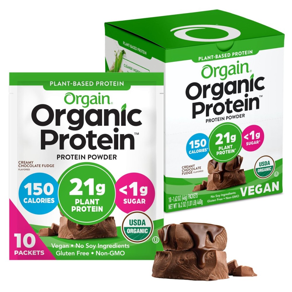 Orgain Organic Vegan Protein Powder, Creamy Chocolate Fudge - 21g Plant Protein, 6g Prebiotic Fiber, Low Carb, No Lactose Ingredients, No Added Sugar, Non-GMO, For Shakes & Smoothies, 10 Travel Packs