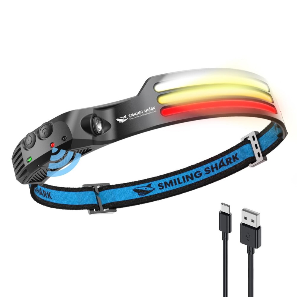 Smiling Shark LED Headlamp, 230Wide Angle 3*Multi-Color Light Strips The Brightest Head Lamp Rechargeable with Motion Sensor Waterproof Headlight for Camping Hiking Outdoor, Head-Lamp-LED-Hat-Light