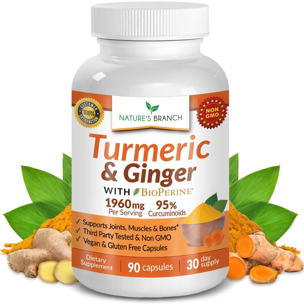 Turmeric and Ginger Supplement | Organic Turmeric & BioPerine | 95% Curcuminoids, Joint Support High Absorption Black Pepper Extract and Curcumin | Made in USA, Vegan Pills, Extra Strength 90 Capsules