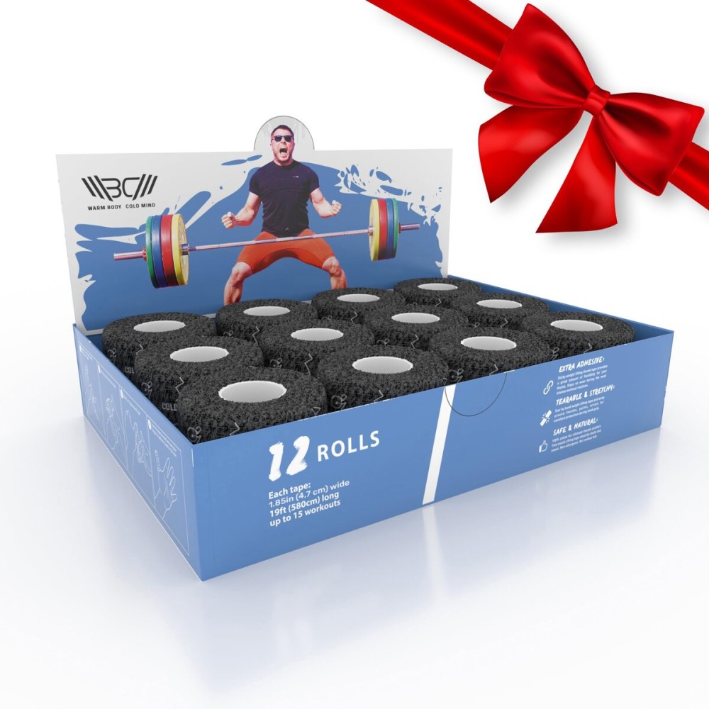 WARM BODY COLD MIND 1.85 Weightlifting Thumb Tape - Hook Grip Tape for Powerlifting, Cross Training, Gym Tape, Workout, Weight Lifting Tape, Athletic Finger Wrap (BlackFocus 12 Rolls)