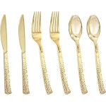 Nervure 300PCS Gold Hammered Plastic Silverware - Heavy Duty Plastic Cutlery - Gold Disposable Utensils Includes 100 Forks, 100 Knives, 100 Spoons Perfect for Wedding & Party