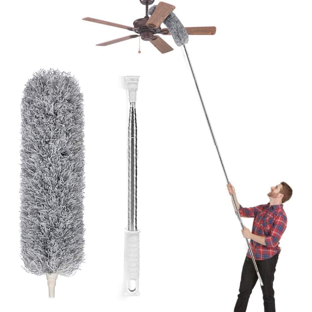 Lomida Microfiber Duster with Extension Pole(Stainless Steel), Extra Long 100 inches, with Bendable Head, Extendable Duster for Cleaning High Ceiling Fan, Interior Roof, Cobweb, Gap Dust Wet or Dry