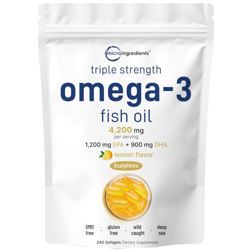 Triple Strength Omega 3 Fish Oil Supplements 4200mg Per Serving, 240 Softgels - Lemon Flavored - Burpless (Enteric-Coated) | EPA 1200mg + DHA 900mg | Deep Sea Fish, Wild Caught from Norwegian Waters