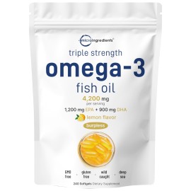 Triple Strength Omega 3 Fish Oil Supplements 4200mg Per Serving, 240 Softgels - Lemon Flavored - Burpless (Enteric-Coated) | EPA 1200mg + DHA 900mg | Deep Sea Fish, Wild Caught from Norwegian Waters
