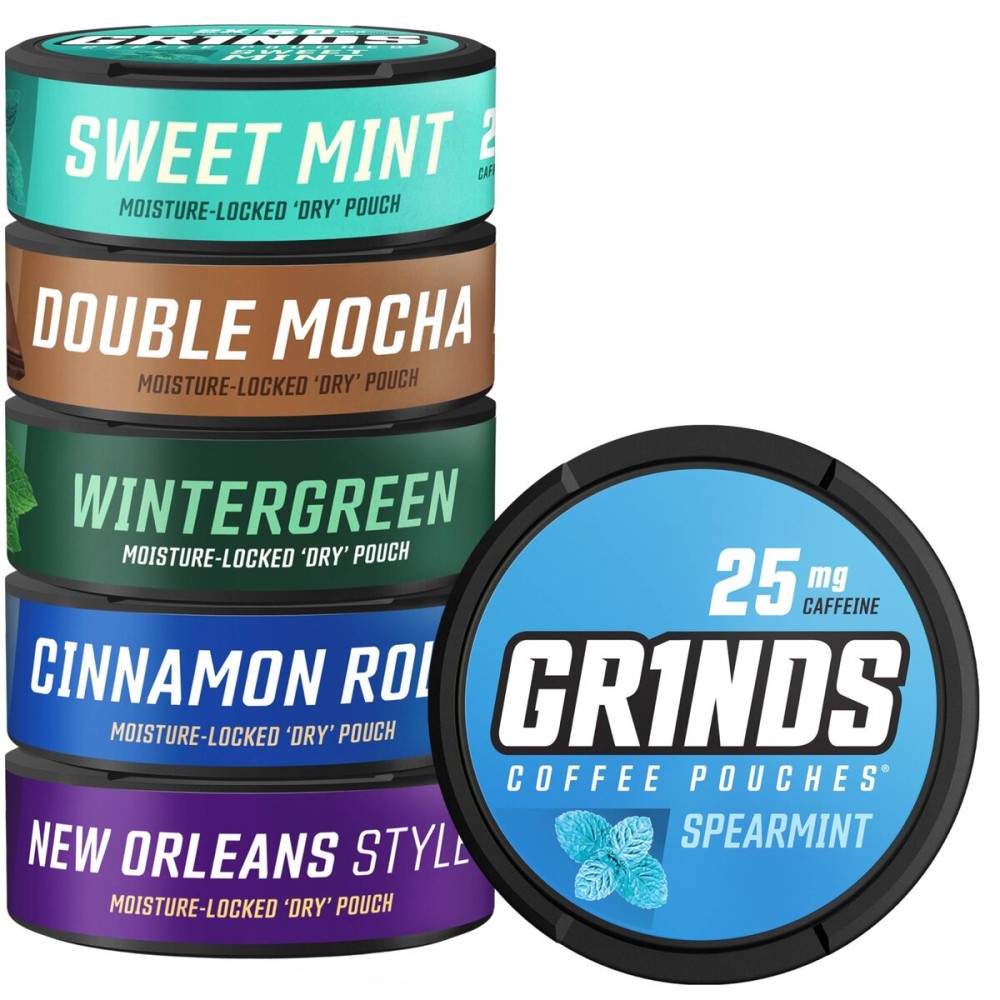 GRINDS Coffee Pouches | New 6 Can Sampler | Wintergreen, Spearmint, Cinnamon Roll | 2X Caffeine: Mocha, Sweet Mint, New Orleans | Tobacco & Nicotine Free