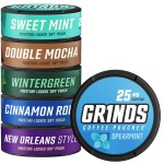 GRINDS Coffee Pouches | New 6 Can Sampler | Wintergreen, Spearmint, Cinnamon Roll | 2X Caffeine: Mocha, Sweet Mint, New Orleans | Tobacco & Nicotine Free