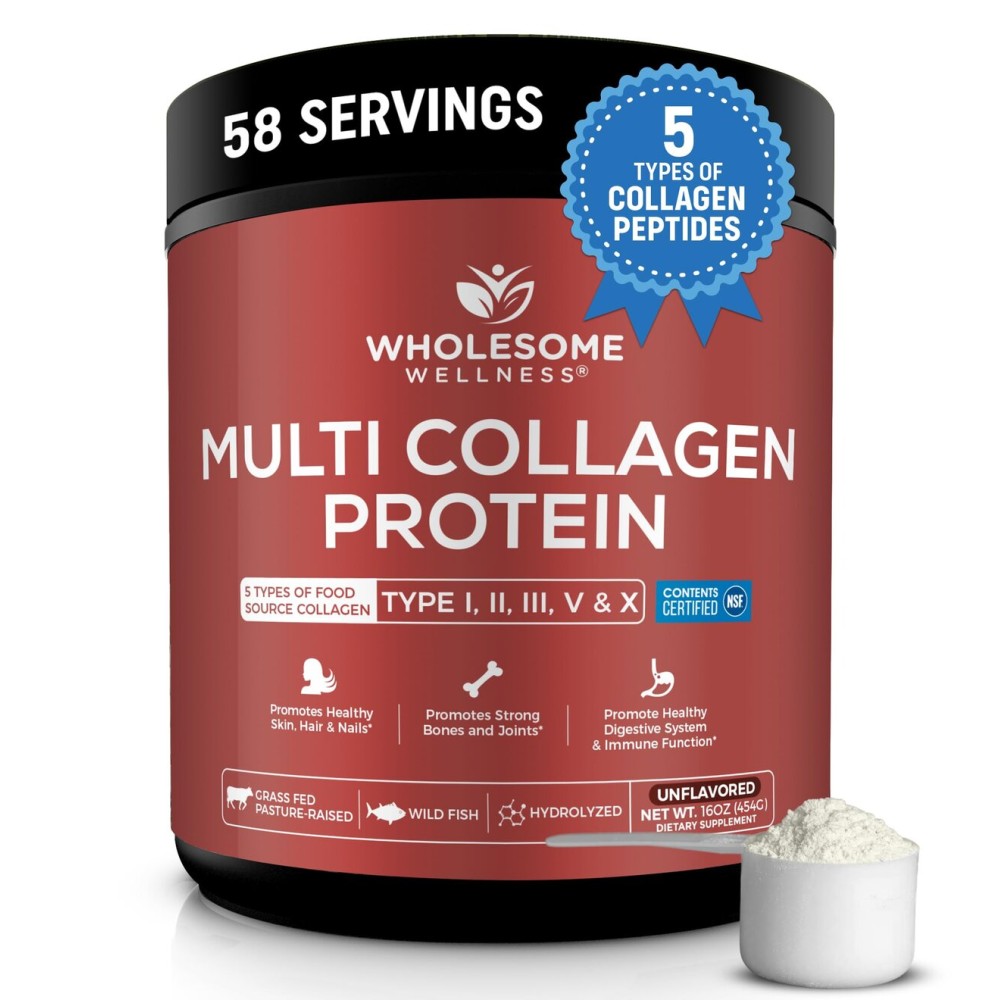 Wholesome Wellness Multi Collagen Protein Powder Hydrolyzed (Type I II III V X) Grass-Fed All-in-One Super Bone Broth + Peptides - Premium Blend of Beef, Chicken, Wild Fish, Eggshell, 58 Servings